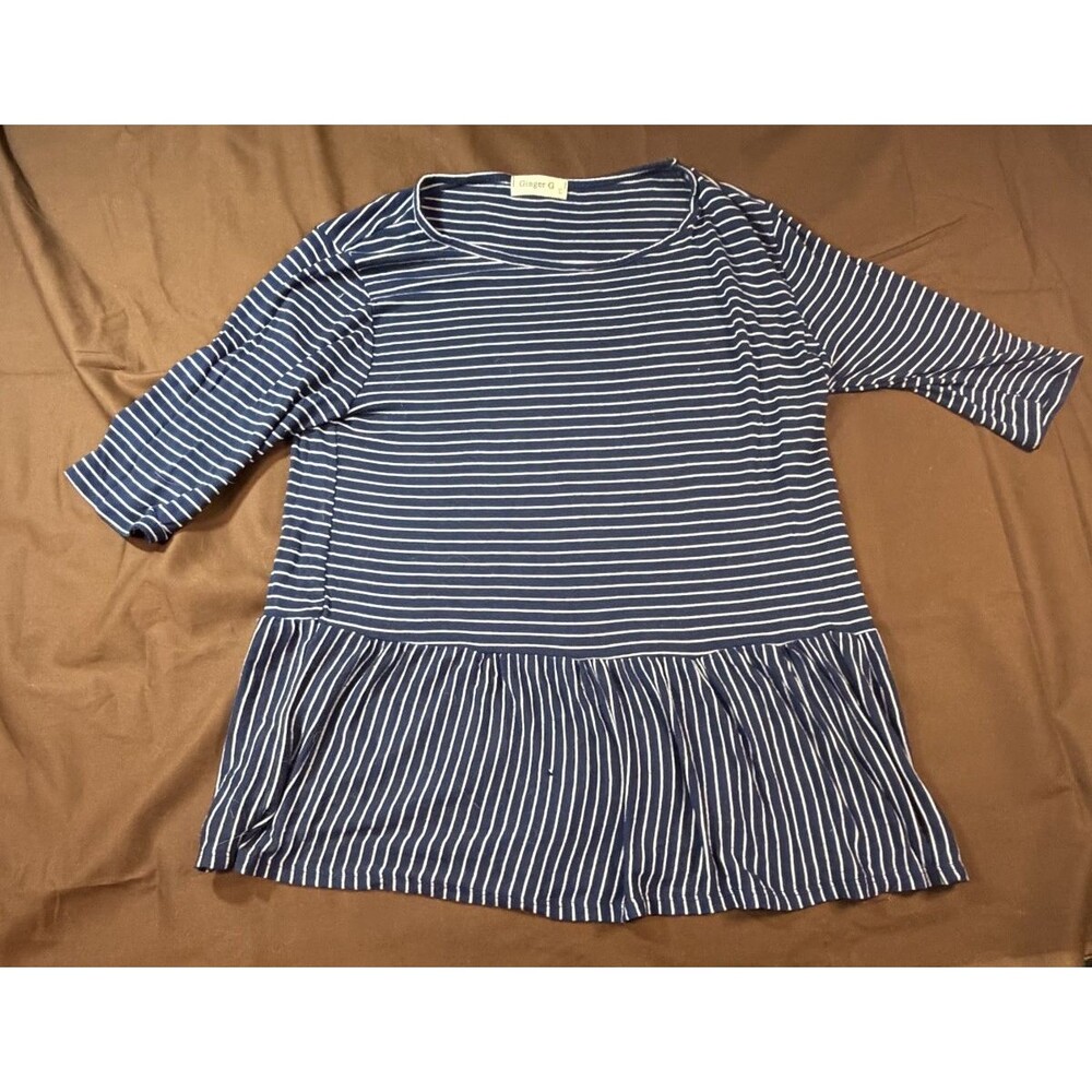 Ginger G Women Navy White Striped Peplum Top Soft Elbow Sleeve Crew Neck Large
